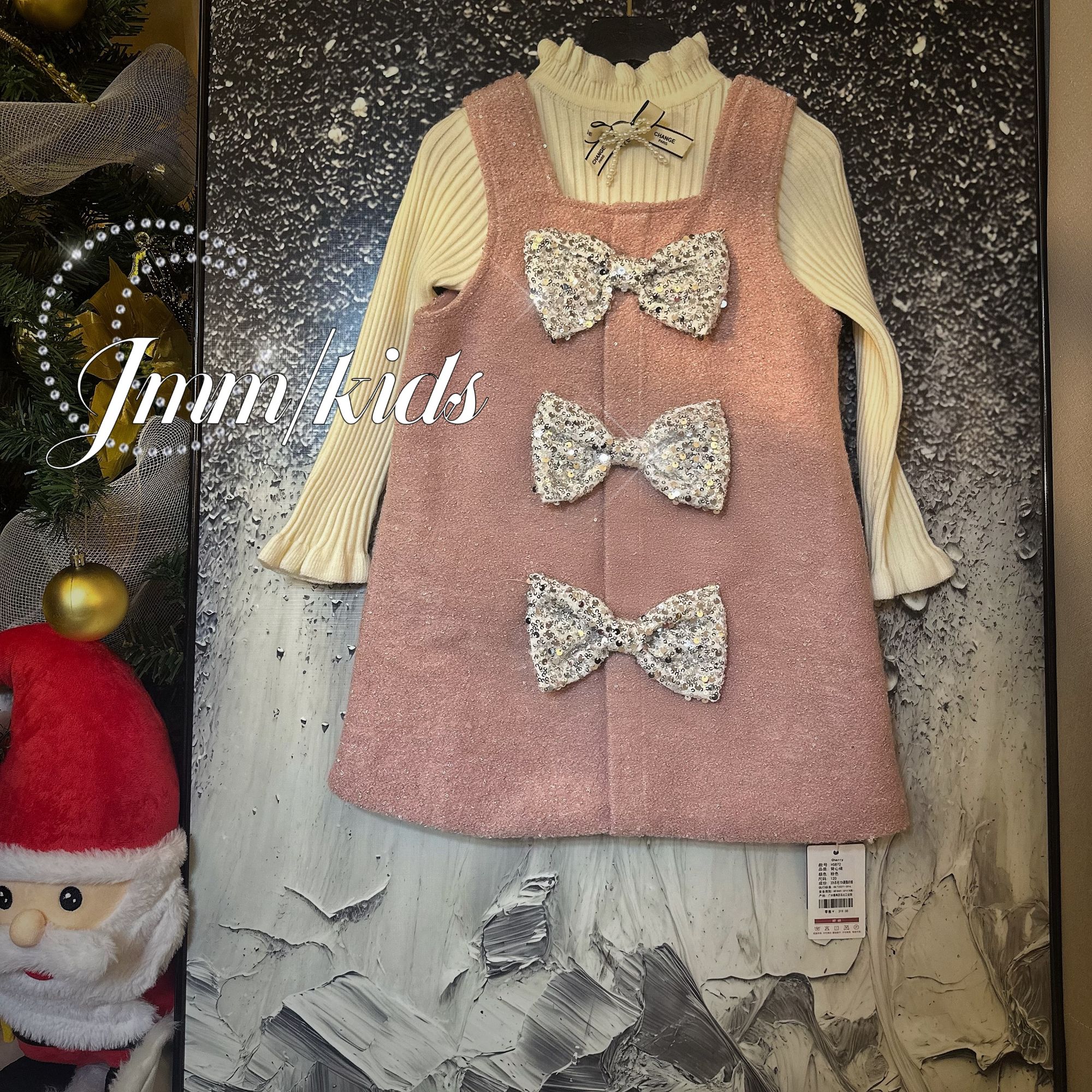 【秋冬款】D026甜美蝴蝶结女童毛呢背心裙秋冬加绒公主裙