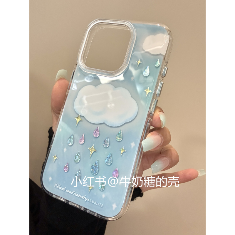 蓝底闪钻雨滴云朵适用iphone16promax苹果15pr手机壳14新款13双面