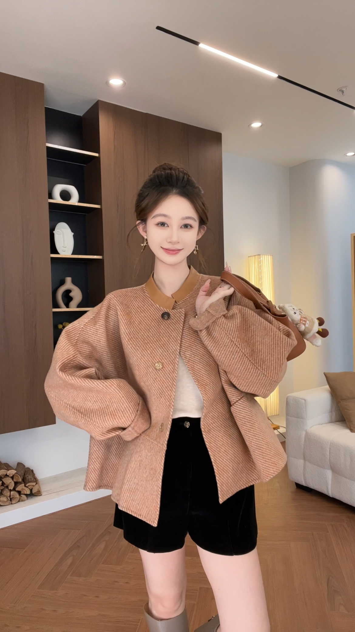 <k Mini>【西西里日落】大牌高定 拼皮领 混纺斜纹 羊毛短款外套