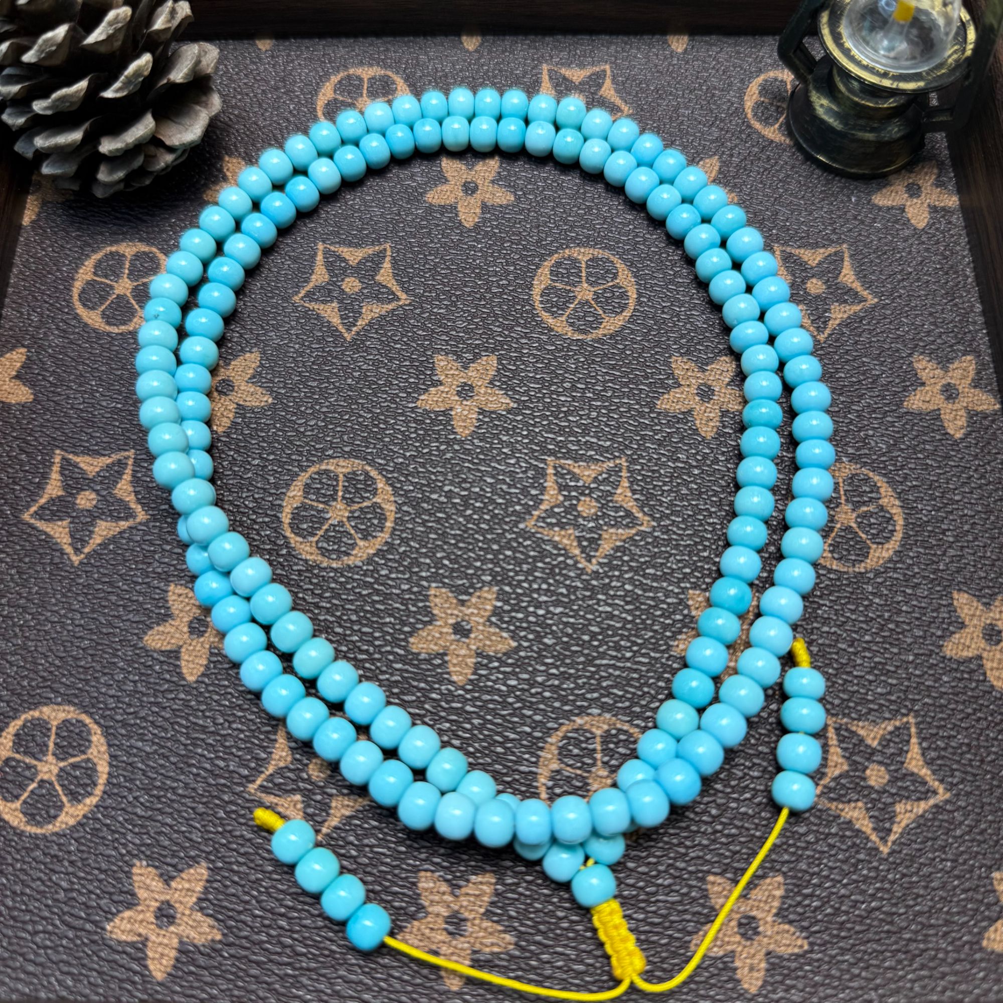 兴田家云盖寺收藏级高瓷蓝老型珠108长链天然原矿绿松石