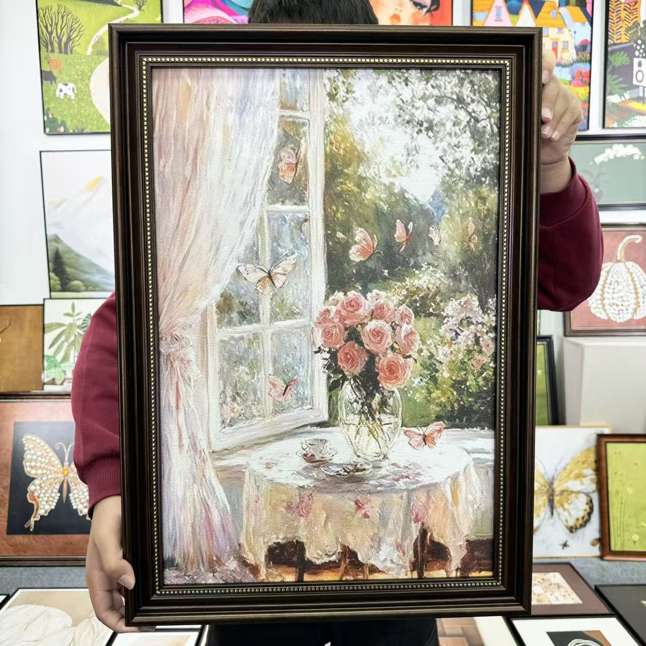 FL72美式玫瑰花卉挂画适用于玄关客餐厅卧室走廊过道50-70
