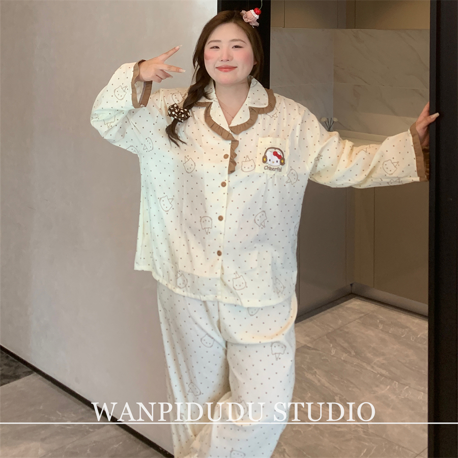 大码胖MM200斤秋季长袖长裤云朵棉小波点耳机KT猫少女睡衣