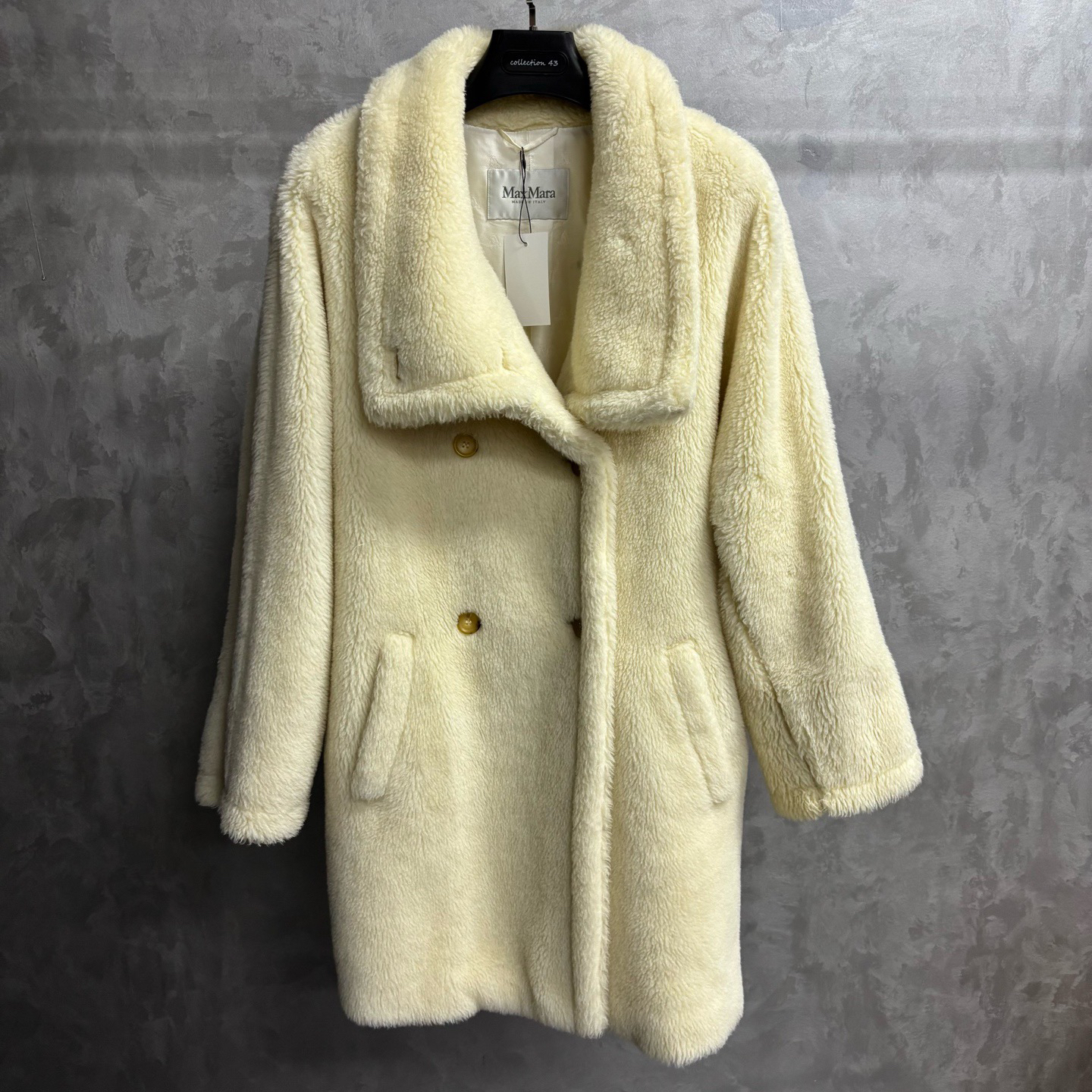 maxmara象牙白纯色翻领双排扣长款长袖大衣外套/38