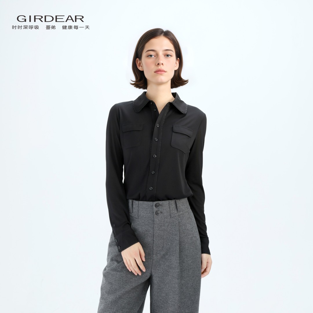 哥弟【官方正品】经典质感百搭气质优雅显瘦纱质长袖衬衣女130116