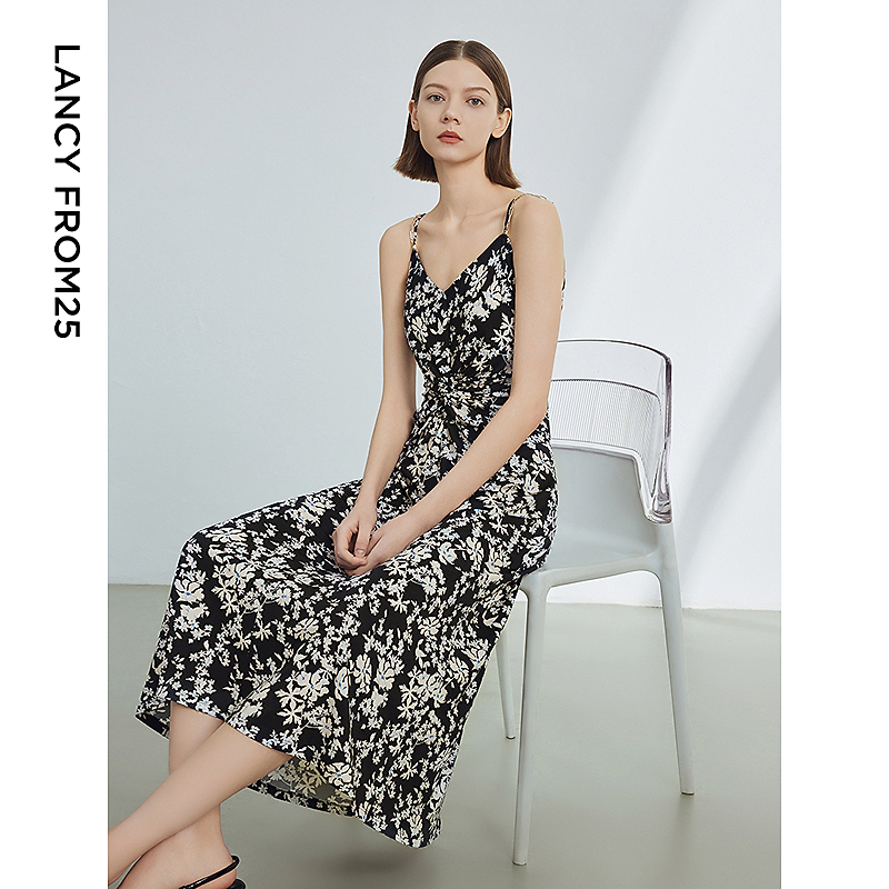 【妍妍甄选】朗姿碎花吊带法式裙子女装高级感气质收腰抽褶连衣裙