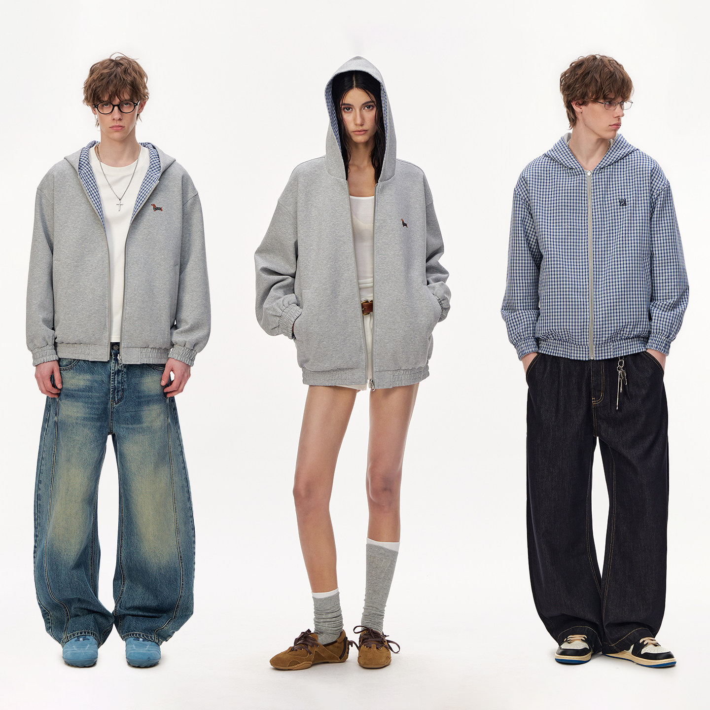 CLIMAX VISION美式慵懒格纹空气层两面穿连帽开衫卫衣外套男女款