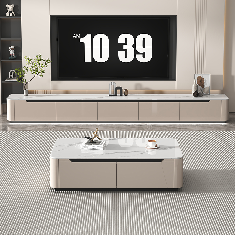 茶几电视柜组合轻奢意式极简实木生态板岩板套装客厅落地高光