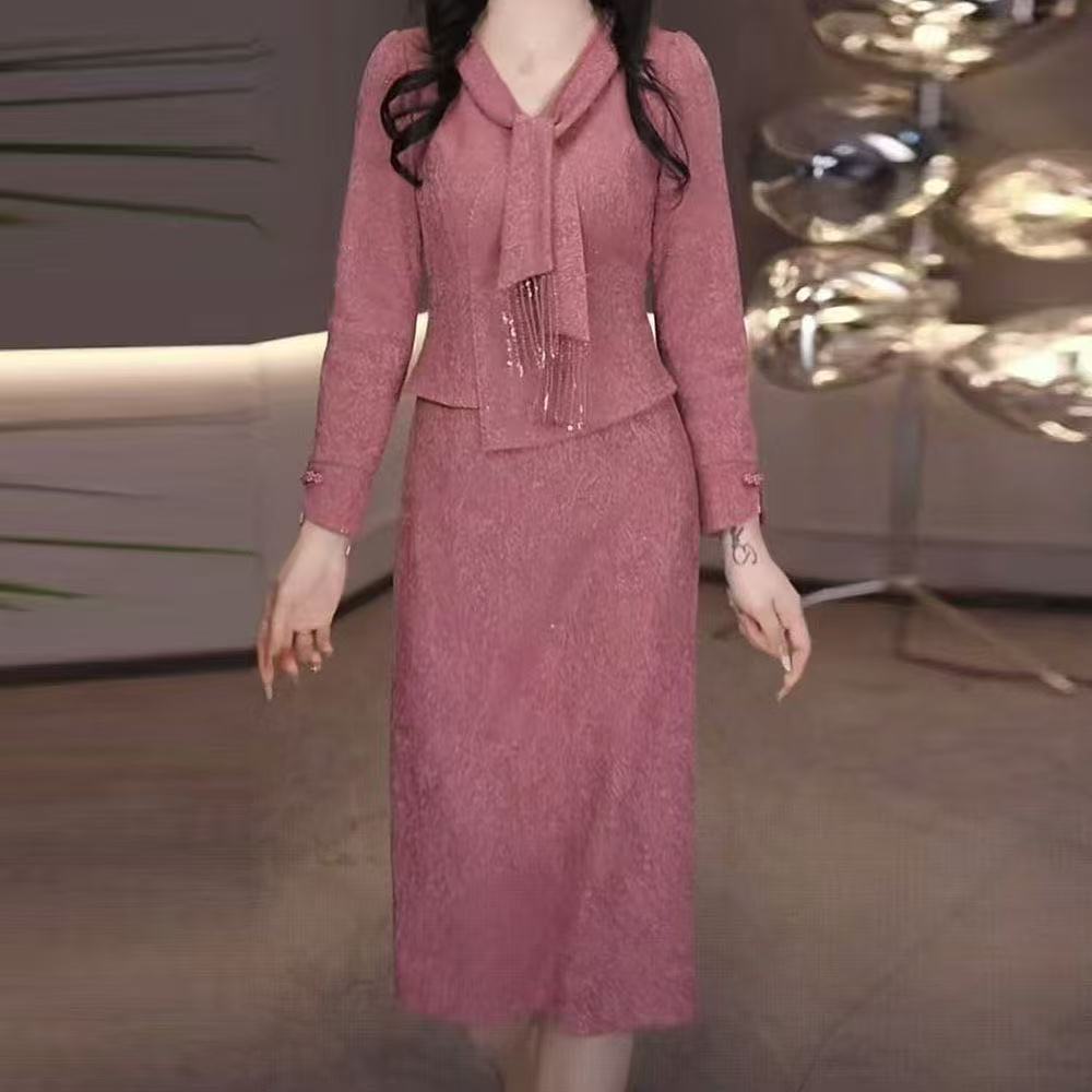 高档洋气优雅拼接连衣裙女2025修身显瘦减龄遮肚中长款裙子5721#