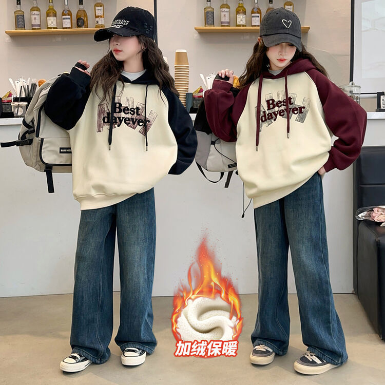 学生卫衣洋气女拼色休闲宽松运动卫衣女童长袖上衣春秋中大童新款