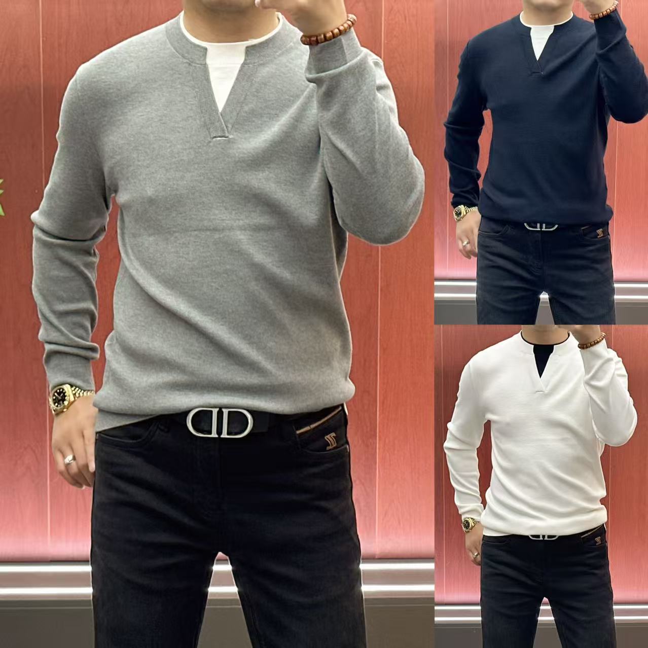 26686男士秋冬简约•高密高弹•剪刀领假两件百搭款针织T恤衫•A6