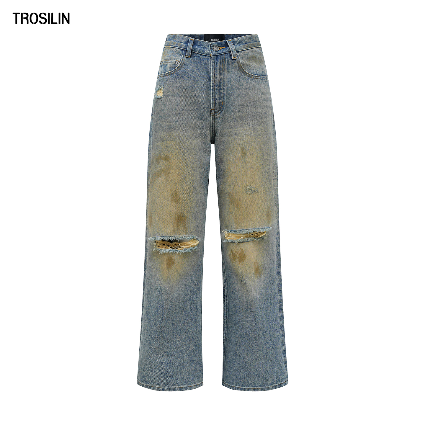 TROSILIN-2025早秋新品 V腰破洞泥染直筒牛仔裤A25JH005BL-H