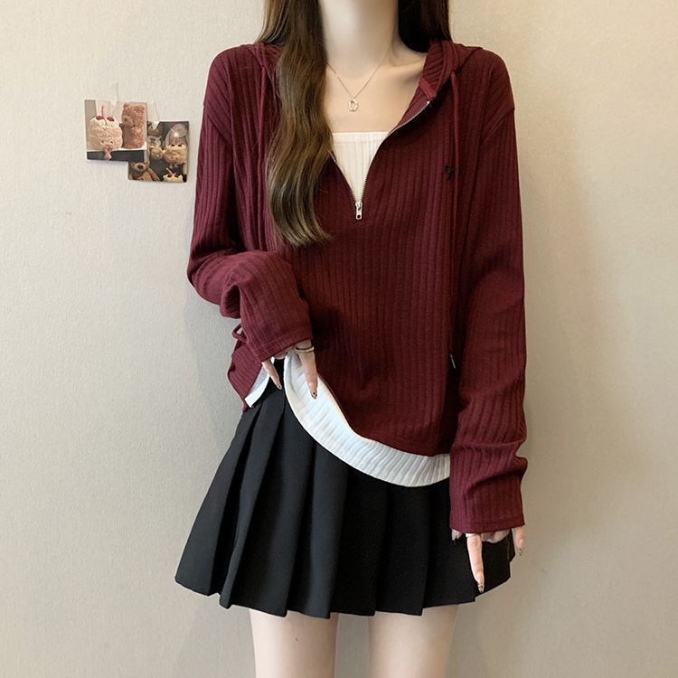 大码纹理感坑条假两件连帽上衣女2025秋季新款宽松显瘦长袖t恤女