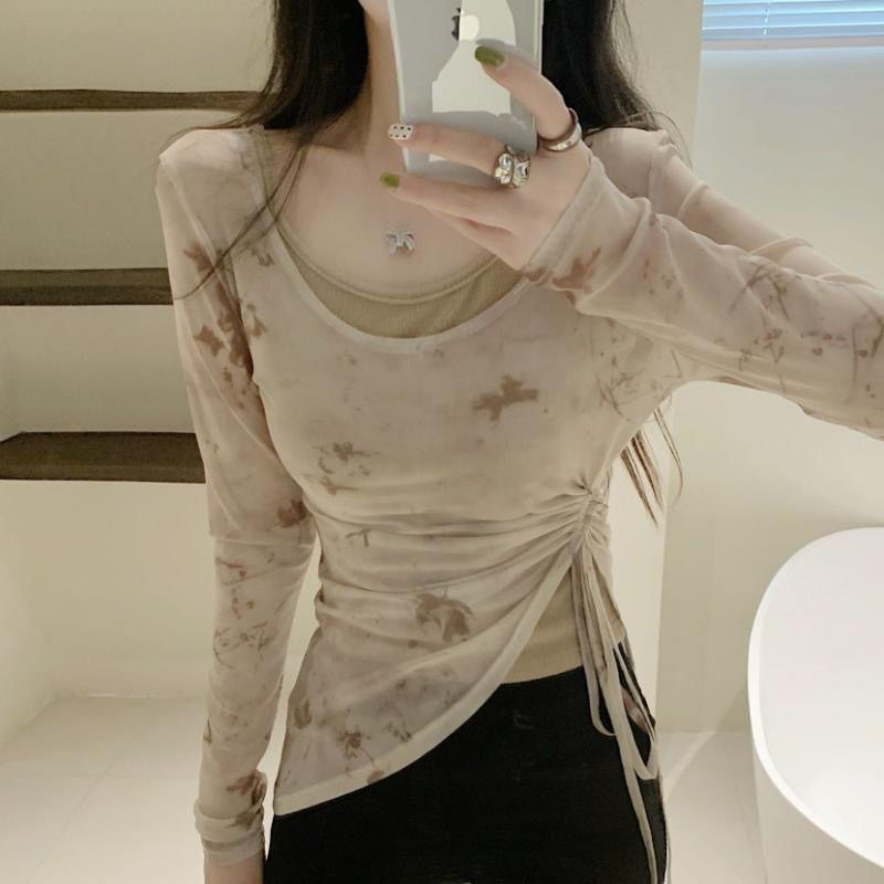 甜辣夏季独特别致蝴蝶印花网纱背心不规则抽绳女上衣两件套女