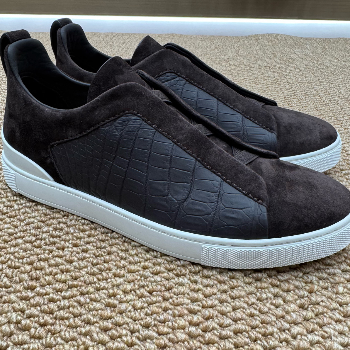 老钱风进口美洲鄂鱼皮拼胎牛反绒面高奢定制款男鞋