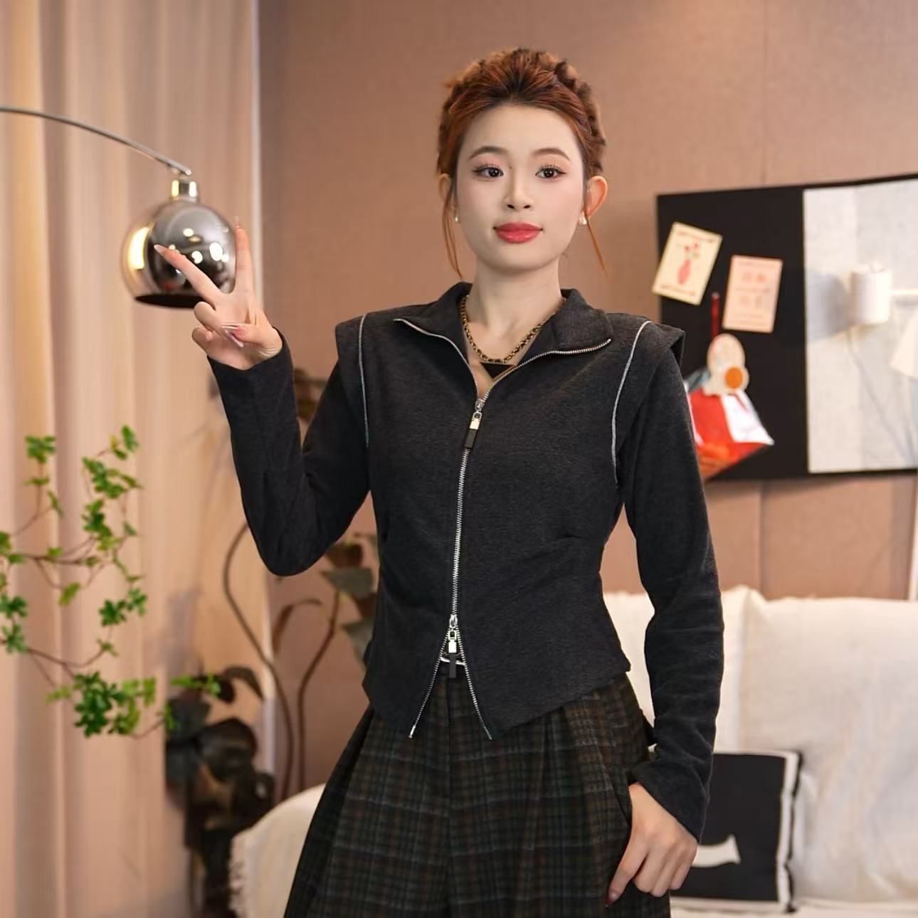 玉姐-2025秋冬极简百搭立领双面绒加绒加厚保暖长袖秋冬短款上衣