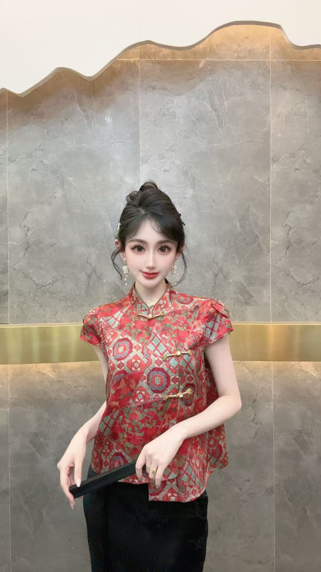 3839新国潮一字扣小飞袖马甲