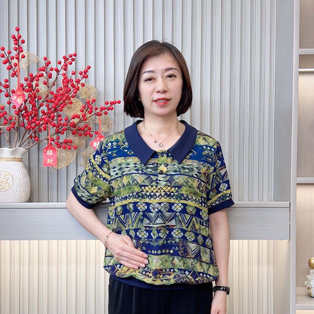 夏季新款时尚洋气中老年妈妈装减龄印花宽松显瘦翻领气质短袖T恤