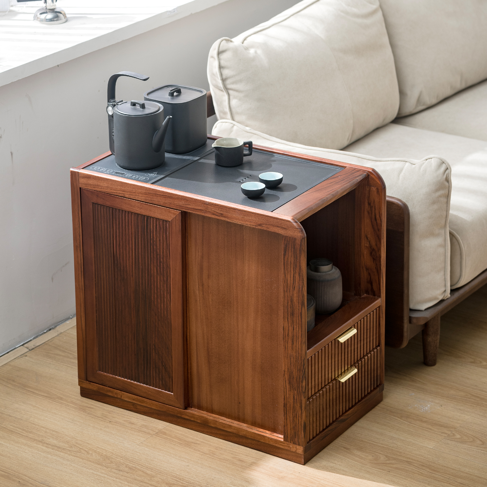 中式实木茶桌家用移动茶水柜烧水壶一体沙发边几小茶几多功能茶台
