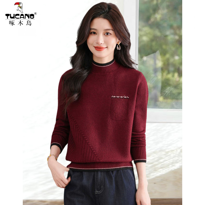 啄木鳥半高领宽松毛衣女秋冬2025新款提花内搭高级感加厚针织打底