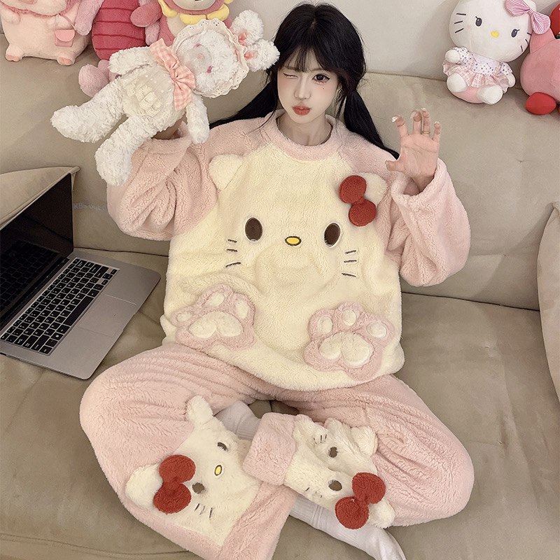 冬季加厚加绒可爱KT猫图案珊瑚绒女士长袖睡衣家居服