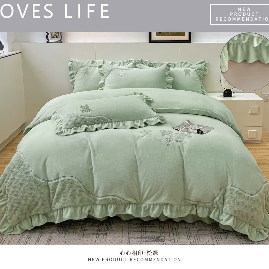 (高品质清货)小清新韩版公主风加厚保暖冬季防寒床裙四件套