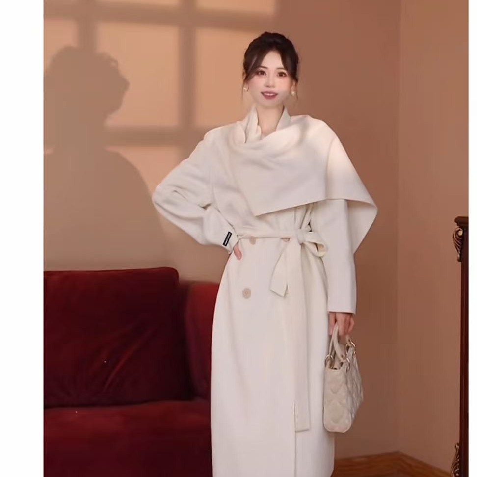 独特超好看 正肩款山本风长款风衣外套围巾领大衣设计感小众