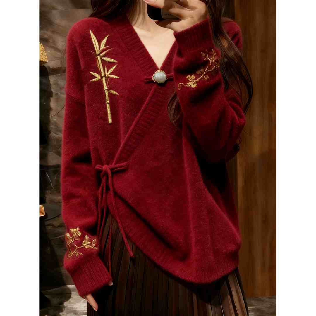新中式国风V领红色盘扣针织衫2025年冬季新款洋气减龄长袖上衣