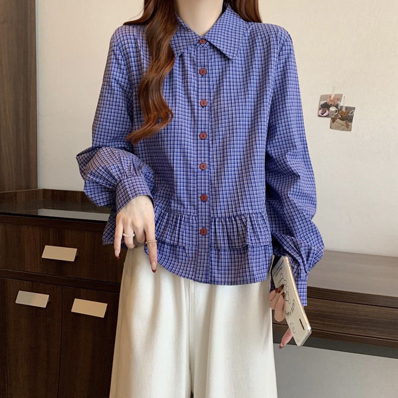 蓝色格子衬衫女款秋季荷叶边长袖衬衣外套小众宽松百搭上衣