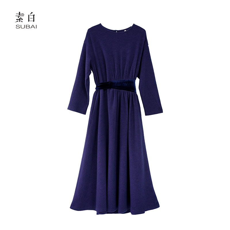 素白【闭眼入】Q02173高级羊毛丝绒系带气质优雅连衣裙