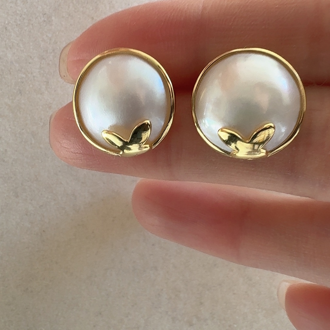 拼合珍珠（马贝珠）耳饰银S925镶嵌14-15mm