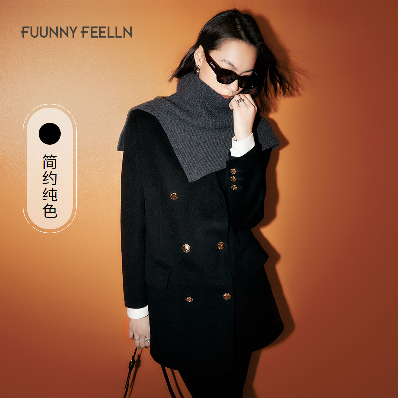 仿佛黑色冬季中长款毛呢大衣翻领双排扣羊毛外套时尚双面FL00292