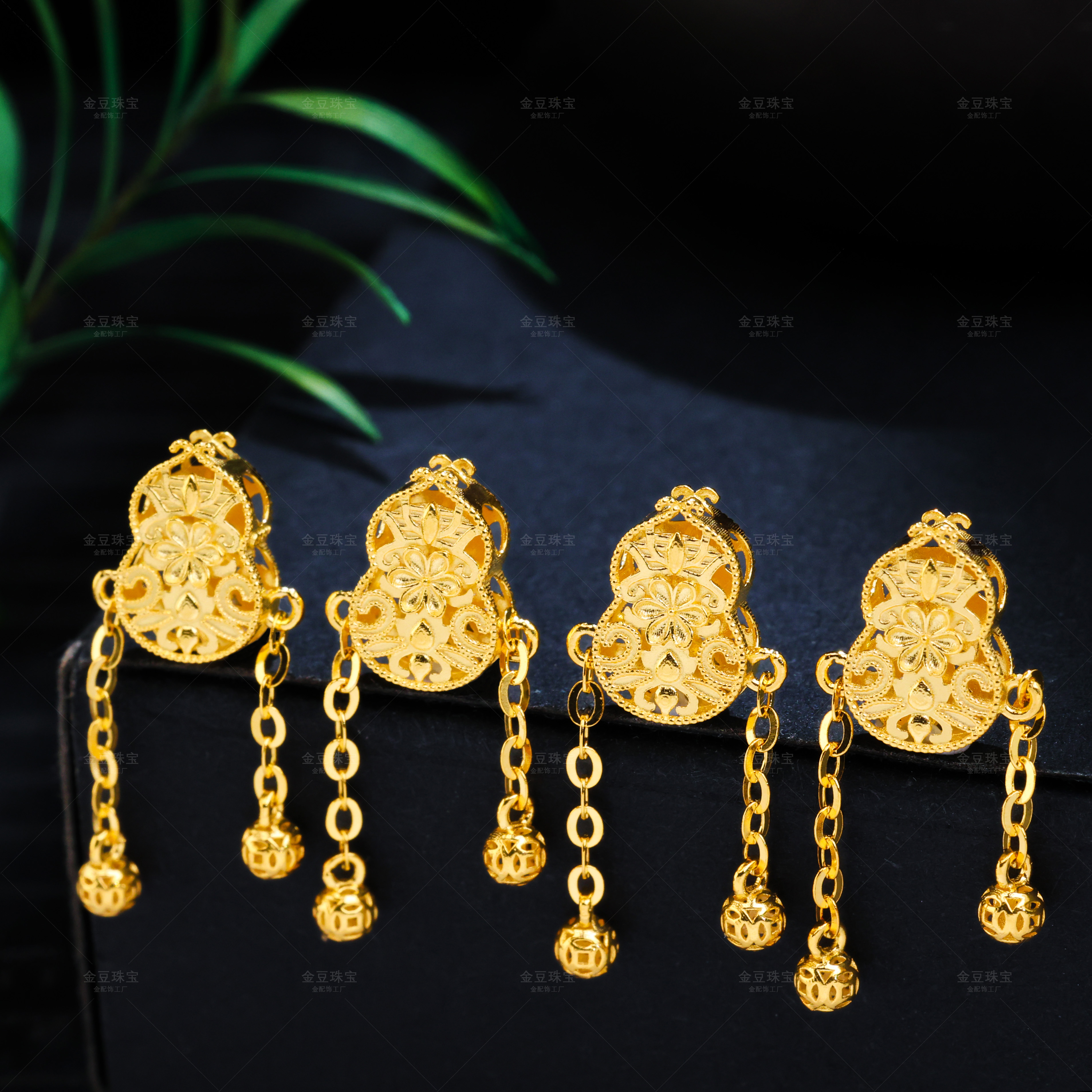 【金豆】加大号18K实心金花丝葫芦流苏隔珠背云中穿手链项链配珠F