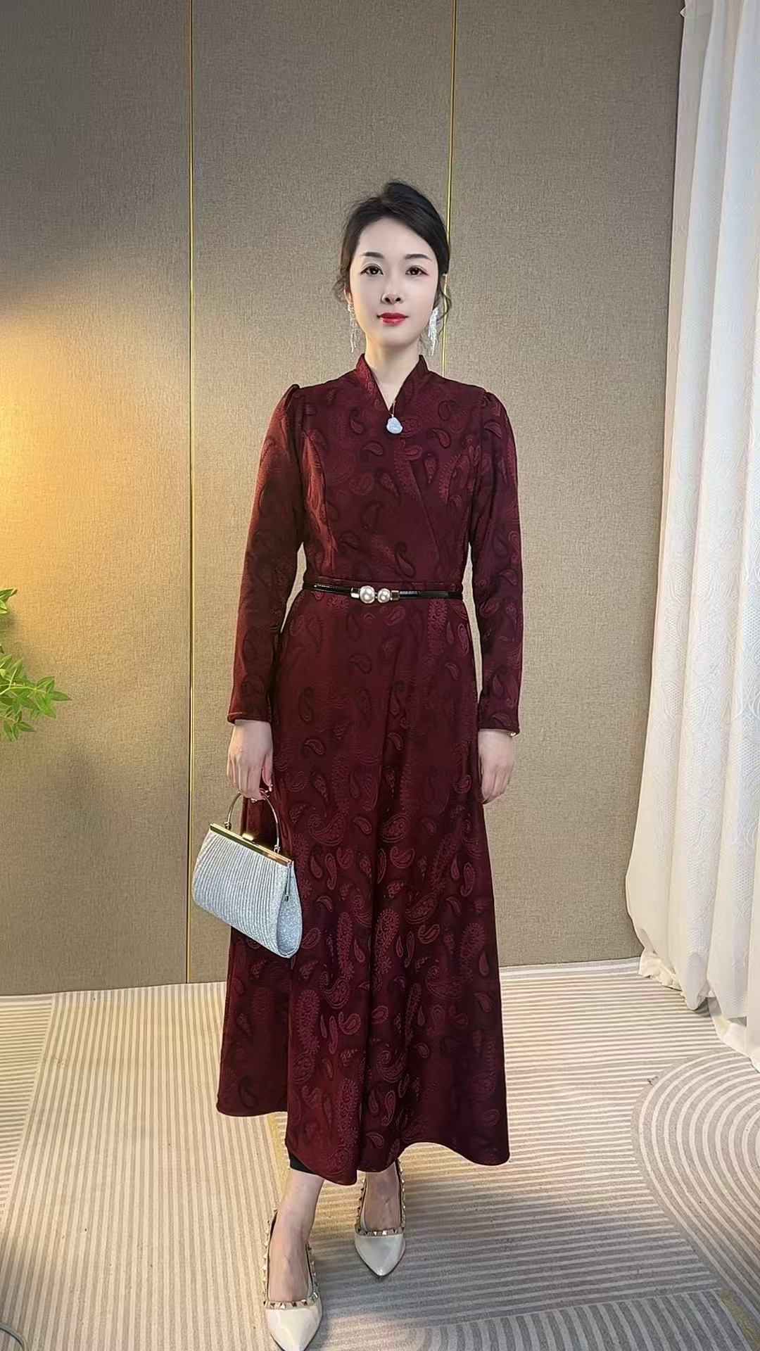 加绒加厚 高腰宫廷风冬季提花拉链连衣裙时尚气质春季酒红色重磅