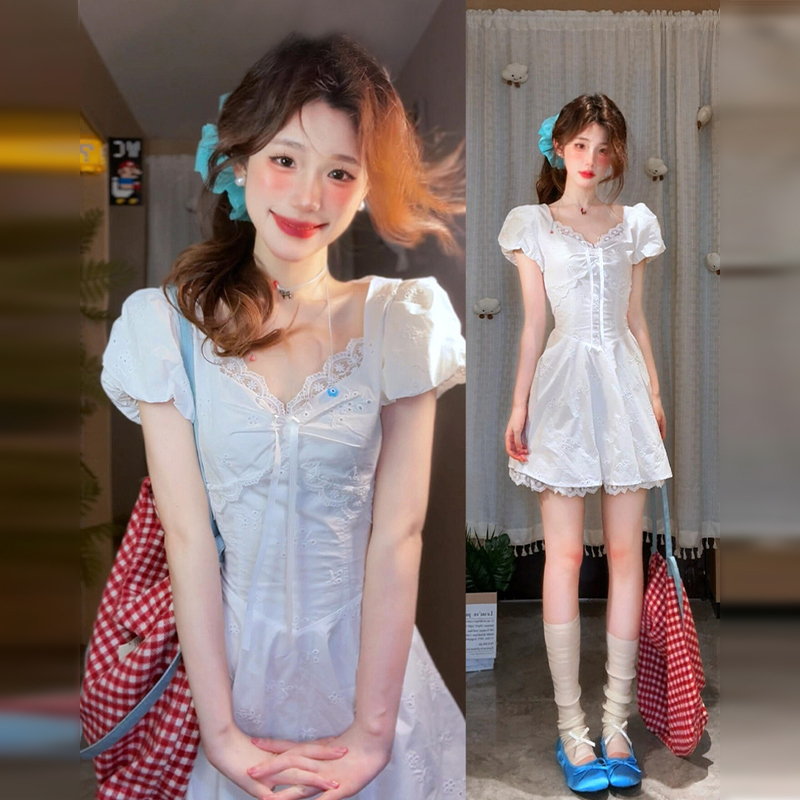 法式蕾丝泡泡袖白色初恋女夏收腰a字3525