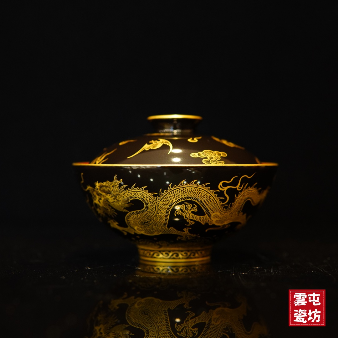 景德镇乌金釉错金银龙腾盖碗茶具纯手工龙纹鎏金复古缠枝珐琅彩