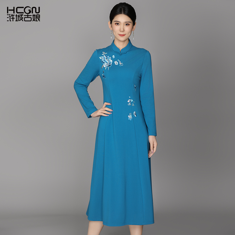 罗马棉国风百搭时尚日常通勤绣花女立领中长款芳菲连衣裙ACL17895