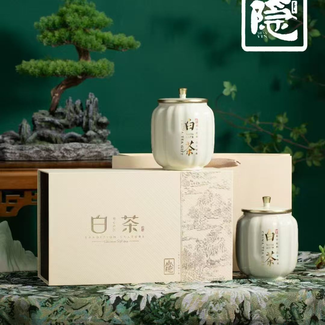 米白色【隐山】双瓷罐 老白茶礼盒装