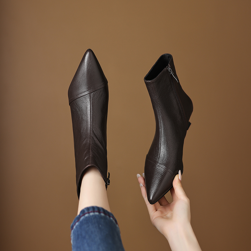 巨好看小短靴女秋冬季细跟软底高跟鞋真皮软皮法式及裸靴超软羊皮