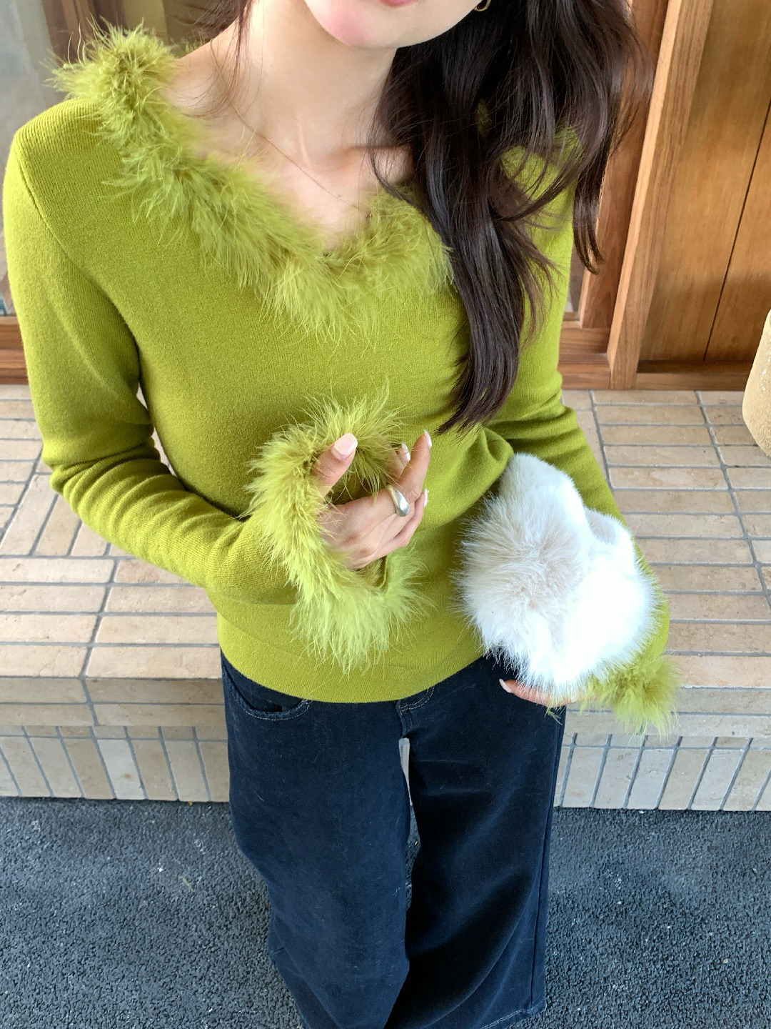 韩系 氛围感 气质优雅 毛毛拼接 毛衣 