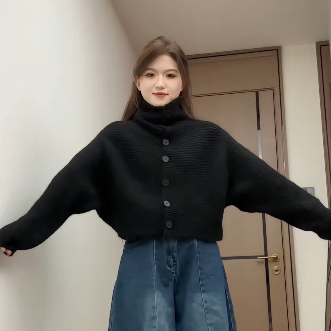 YOO[慵懒风]高领单排扣软糯纯色针织开衫一