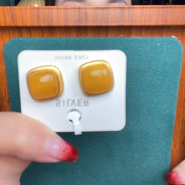 蜜蜡耳饰银S925镶嵌耳钉