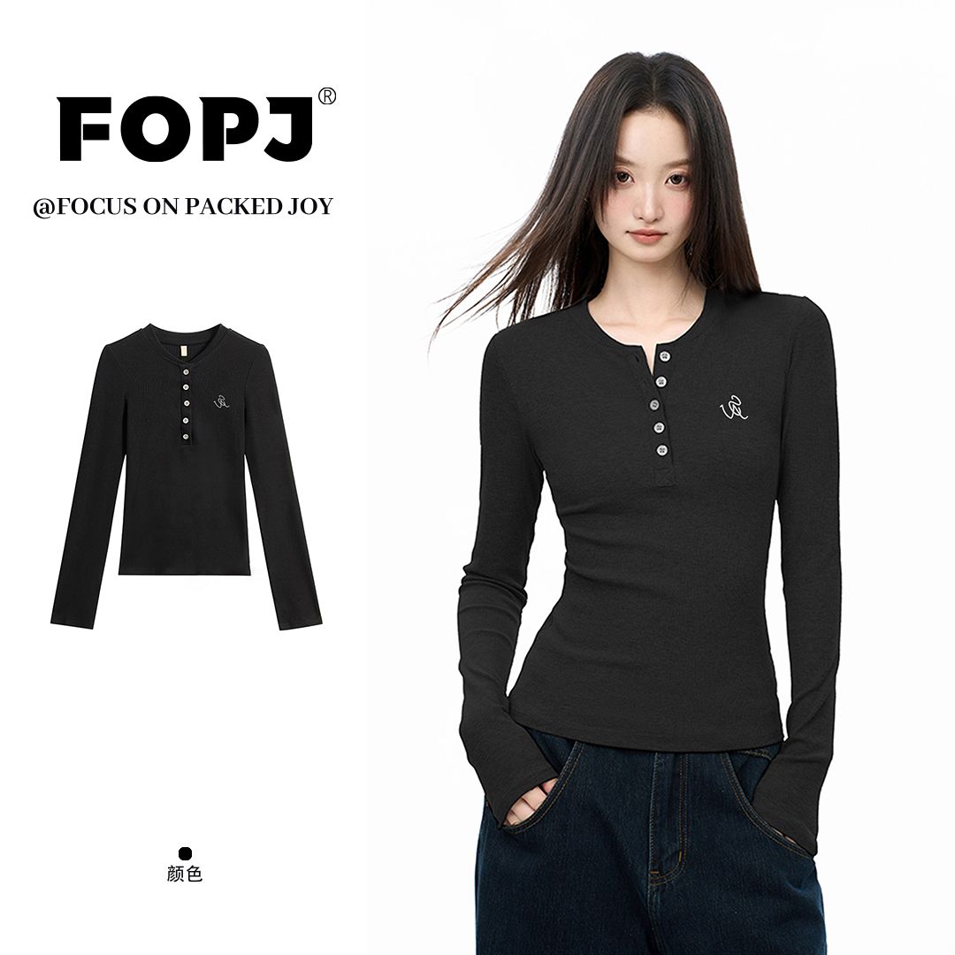 FOPJ刺绣款秋冬新款美式甜辣妹黑色打底衫长袖t恤女修身显瘦上衣