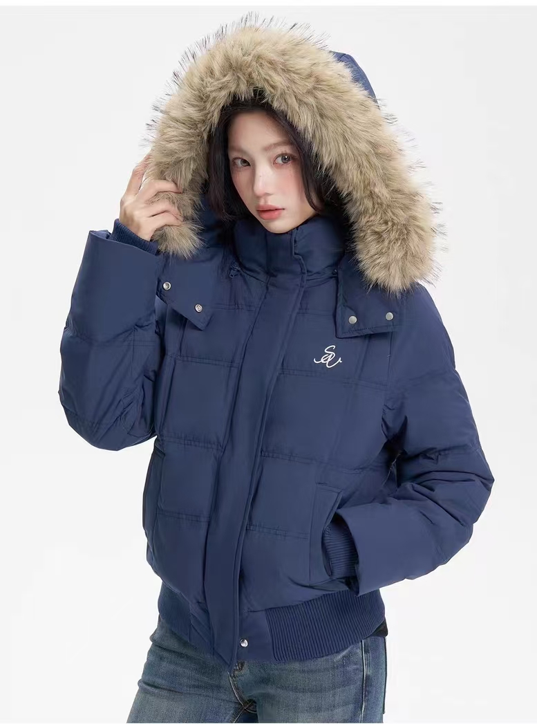 iNSLiiSA  藏青色连帽毛领秋冬新款白鸭绒羽绒服女修身韩系外套女