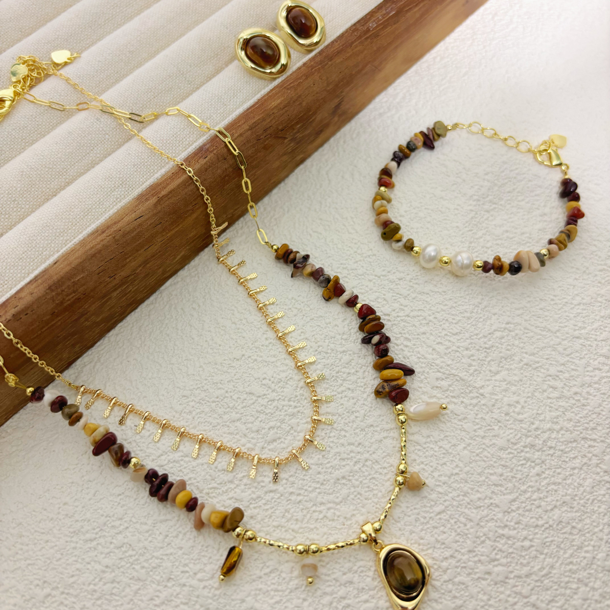 钛钢仿珍珠项链 手工美拉德色系双层项链耳环手链三件套30243