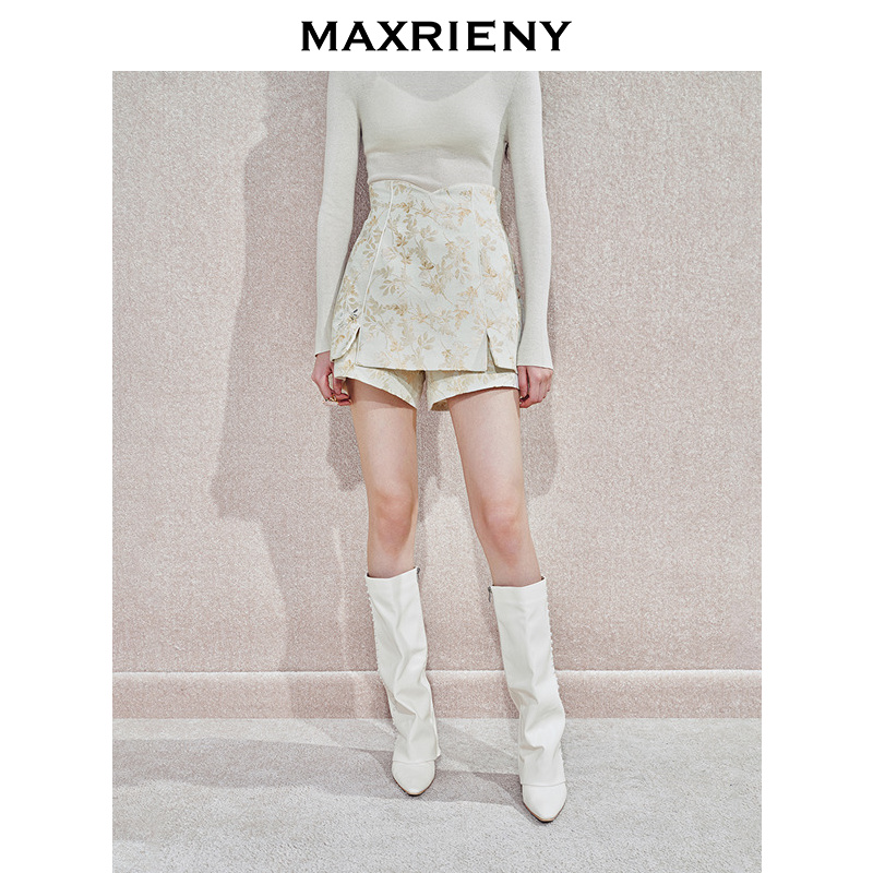 MAXRIENY精致复古感鎏金提花高腰短裤24冬高级气质感修身阔腿裤女