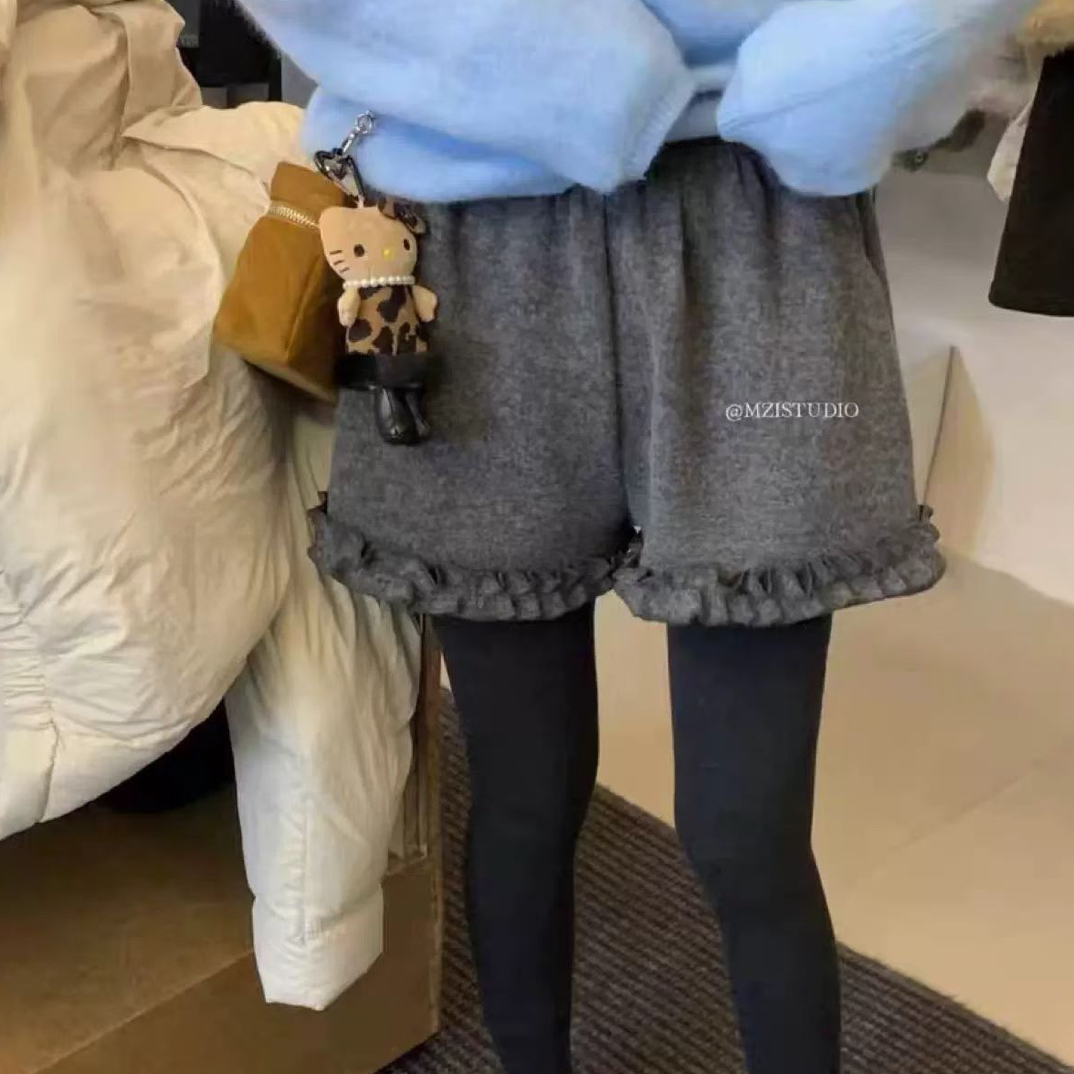 实拍图木耳边松紧高腰毛呢短裤女冬加厚显瘦甜美休闲裤