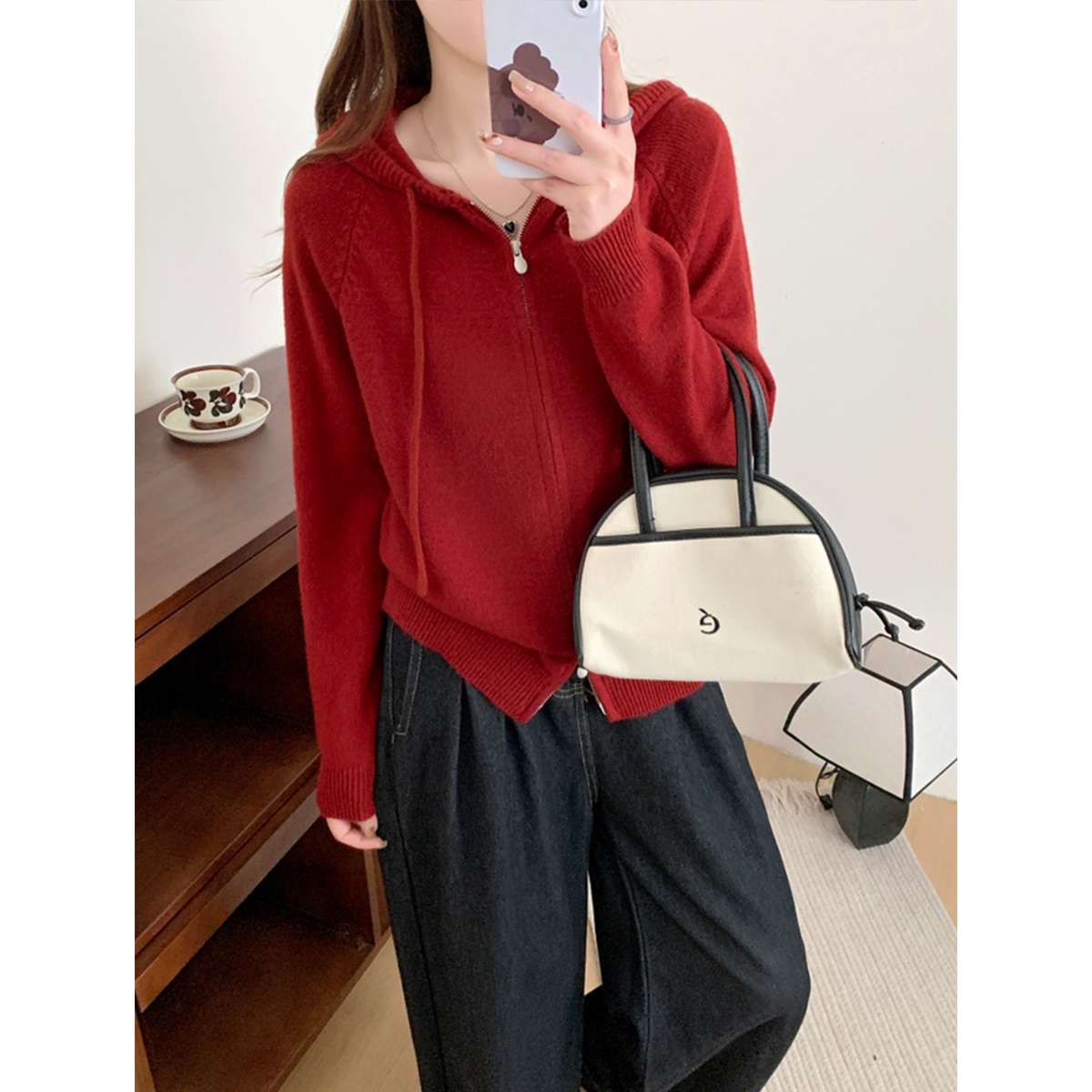 【连帽拉链开衫】拉链连帽针织开衫女新款毛衣外套 ZZ-6758