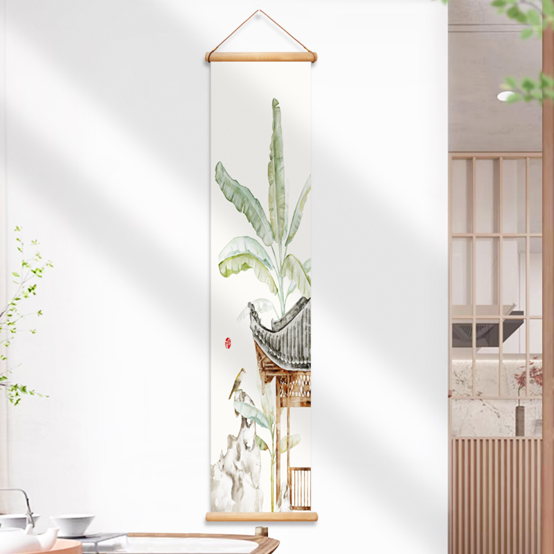 鸟栖蕉亭新中式玄关装饰画芭蕉挂画茶室背景竖版挂轴画客厅壁画
