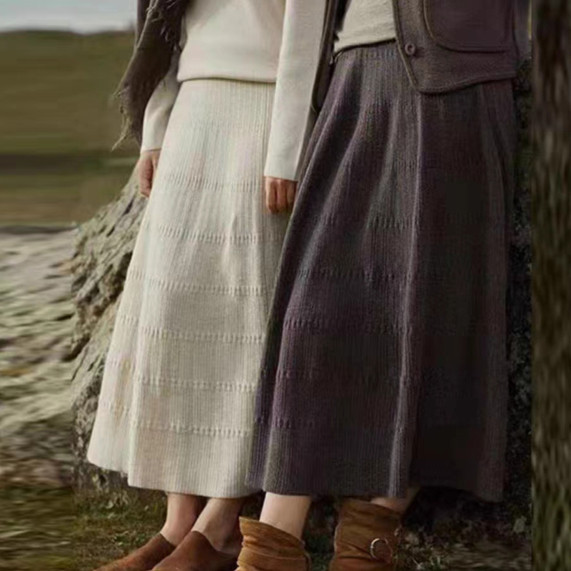 爆款100纯羊毛抽条提花大伞裙竹节针织A字裙半身裙