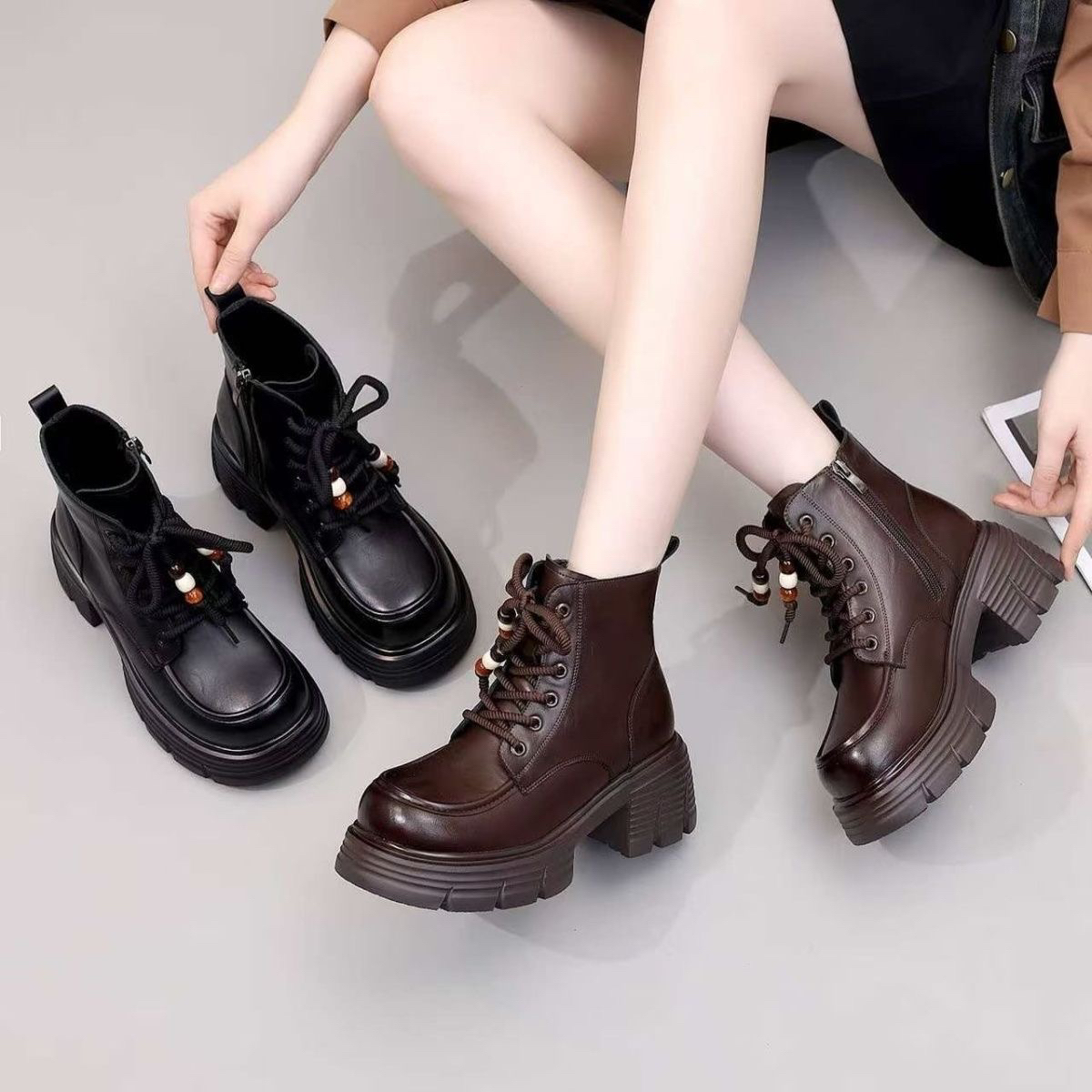 0854英伦复古马丁2025秋冬厚底爆款新款圆头短靴小个子加绒增高